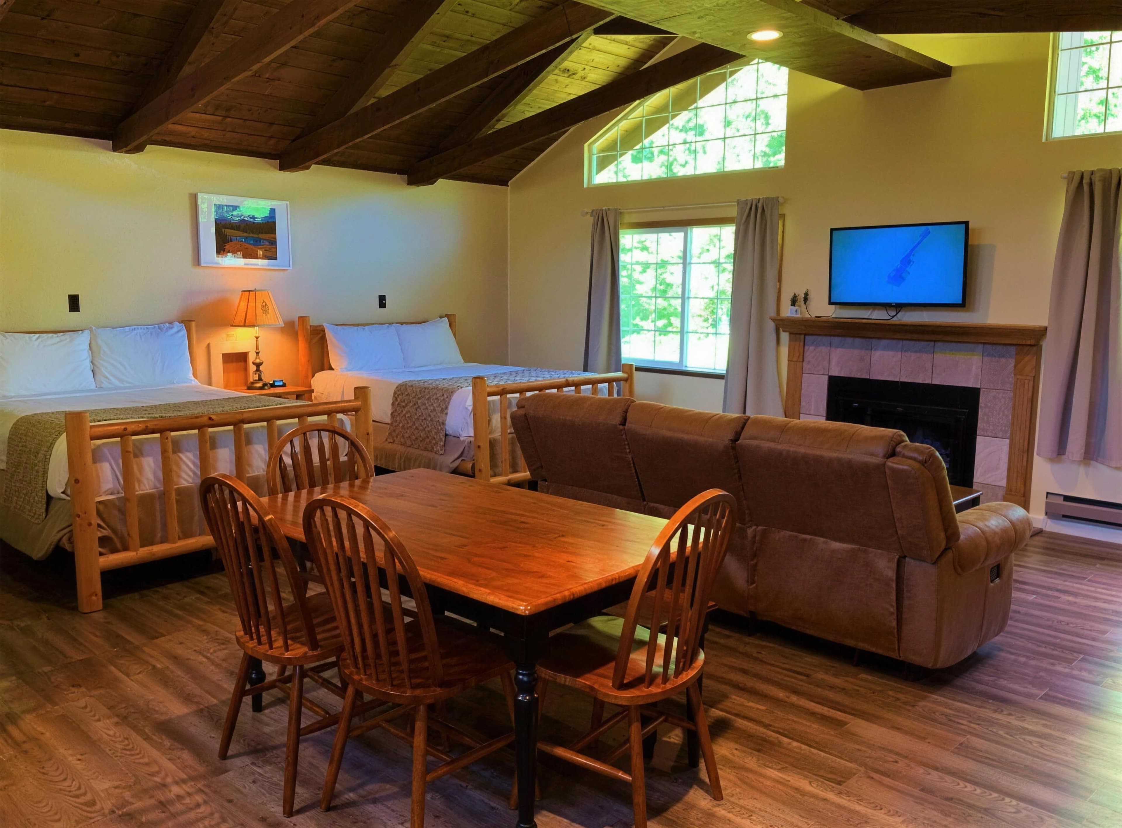 Fireplace Room — beds, dining table and the fireplace